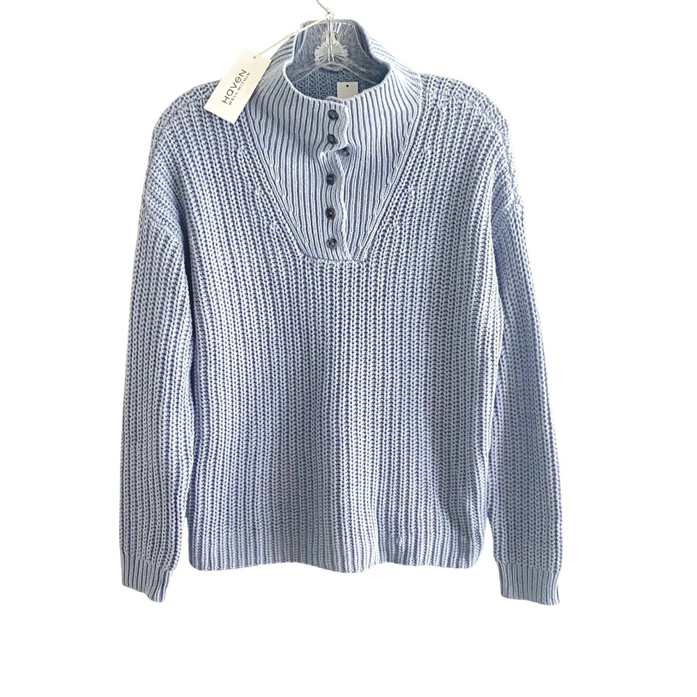 Haven Well Within Light Blue Shaker Knit Button Mock Neck Sweater Pullover NWT